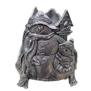 Vintage Pewter Snowman Winter Christmas Candle Jar Holder Stand Metal Silver